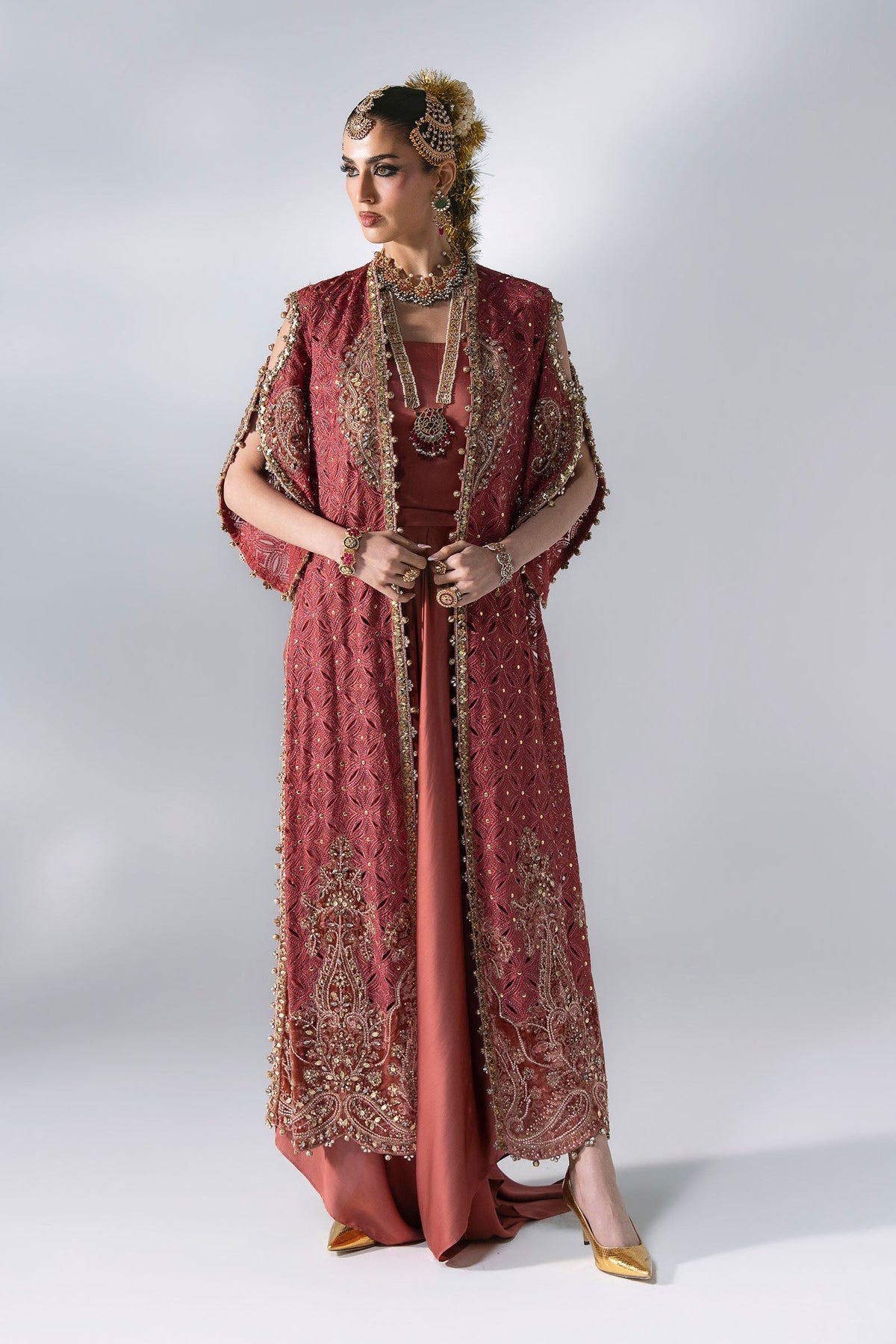 BD-3108 Salmon Pink Embroidered Organza Suit