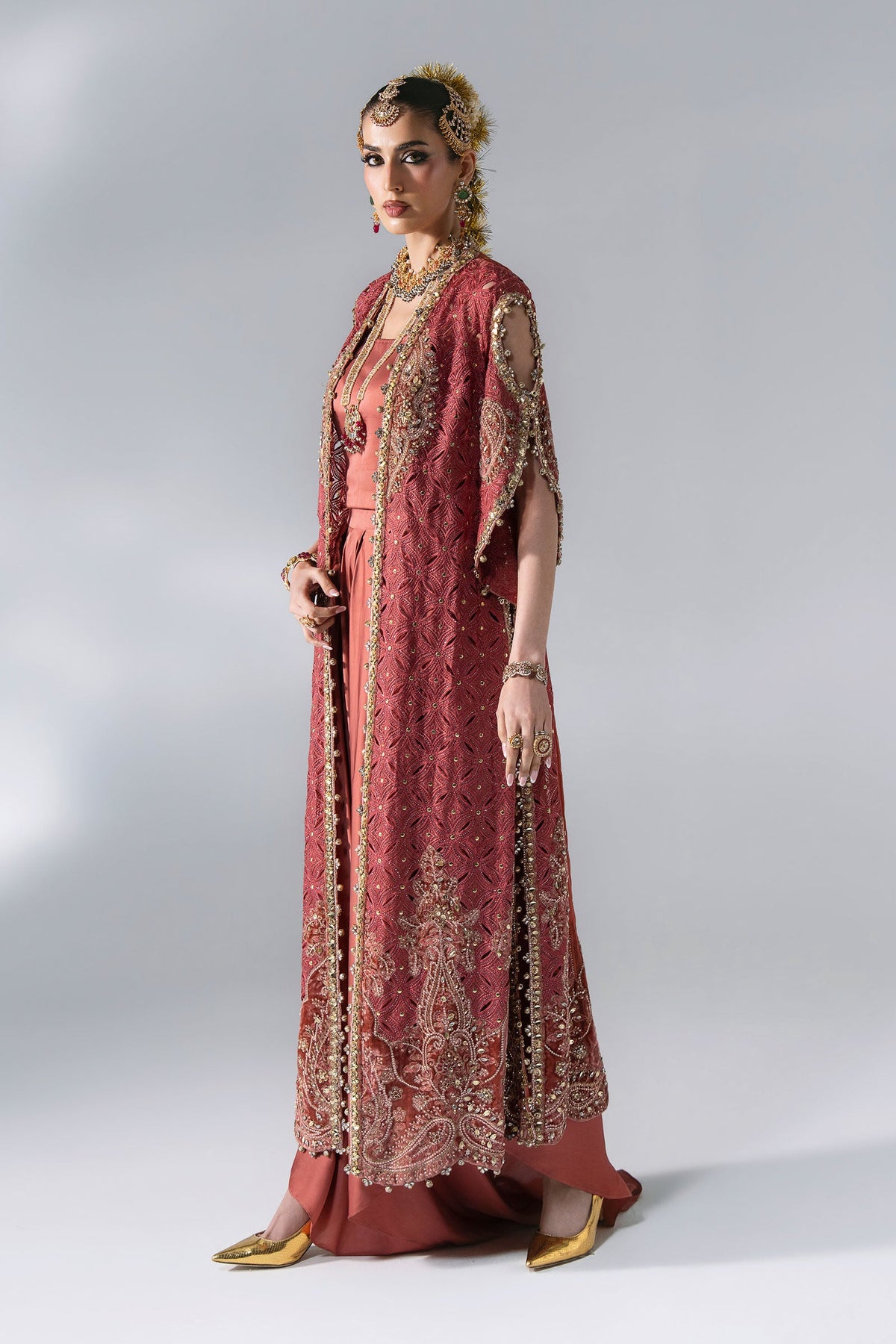 BD-3108 Salmon Pink Embroidered Organza Suit