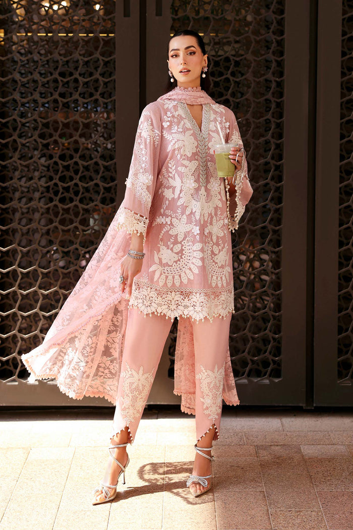 3 Piece Unstitched Embroidered Lawn Karandi Suit (Pink & Off-White) | D-2603-A