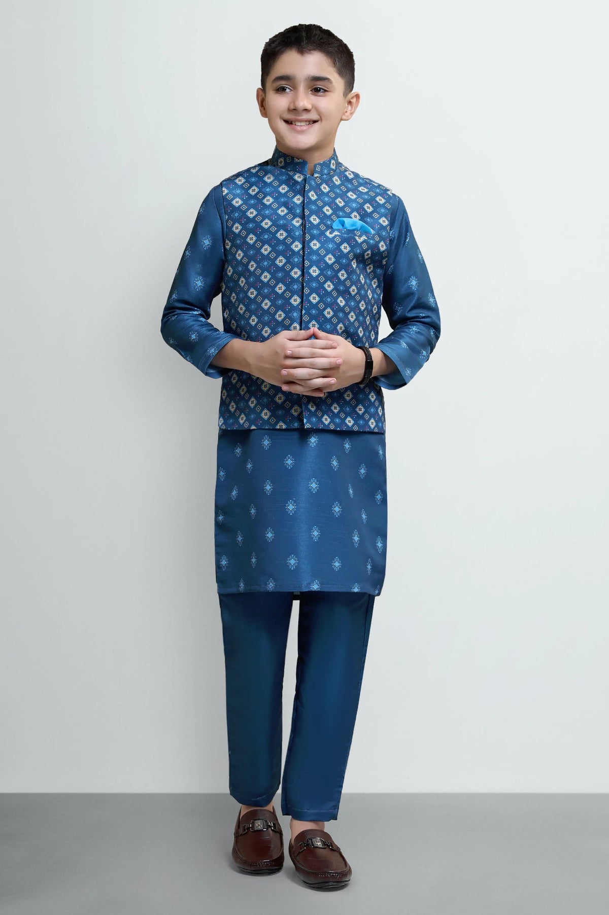 Teal Boys Kameez Shalwar Digital Print with Waistcoat