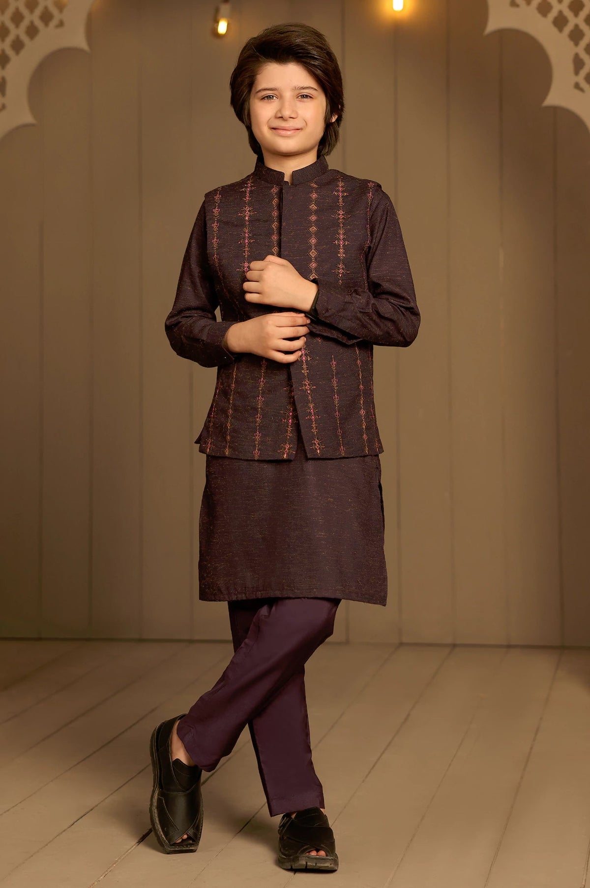 Purple Boys Kameez Shalwar with Waistcoat