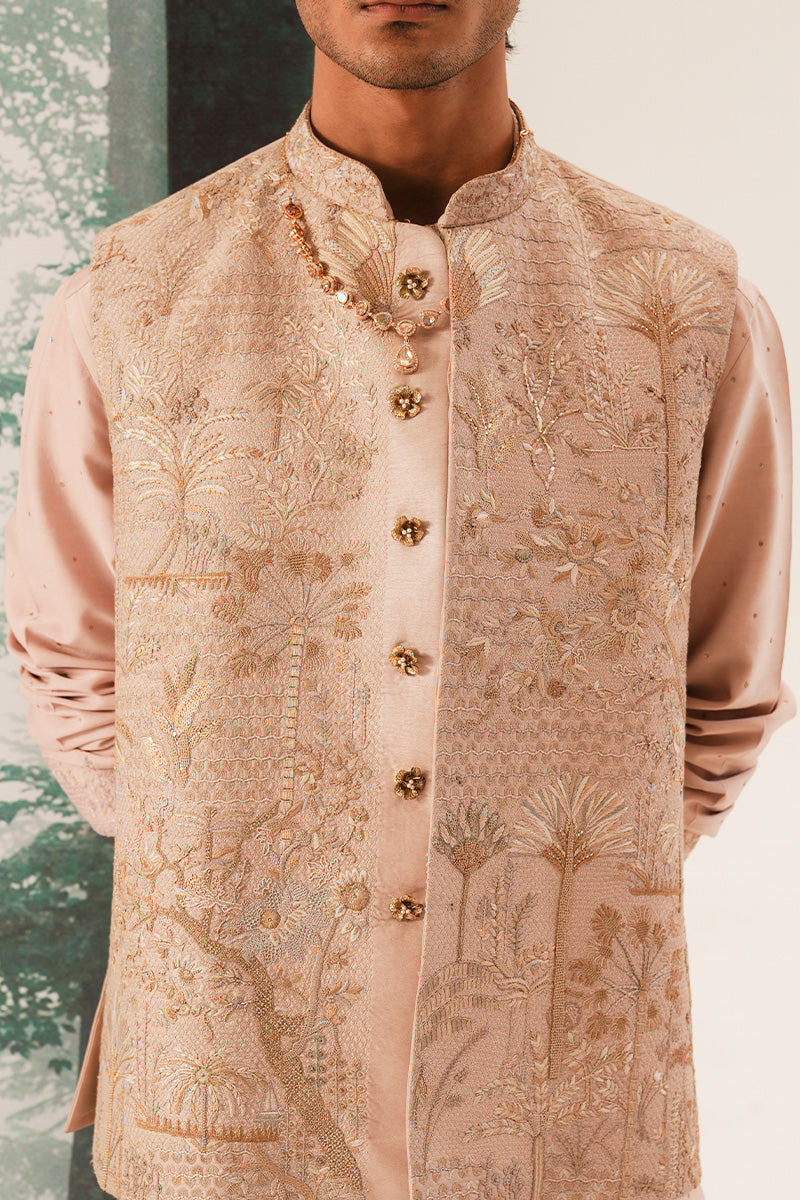 Farzam' Hand Embroidered Coral Pink Waistcoat