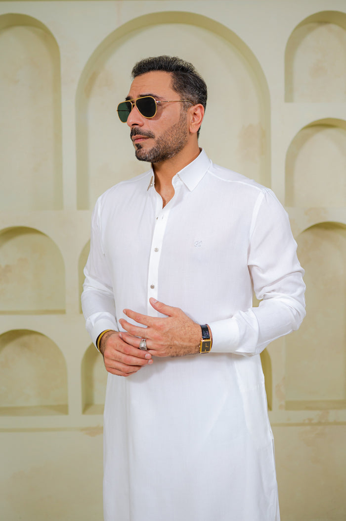 White Bosky Linen Shalwar Kameez