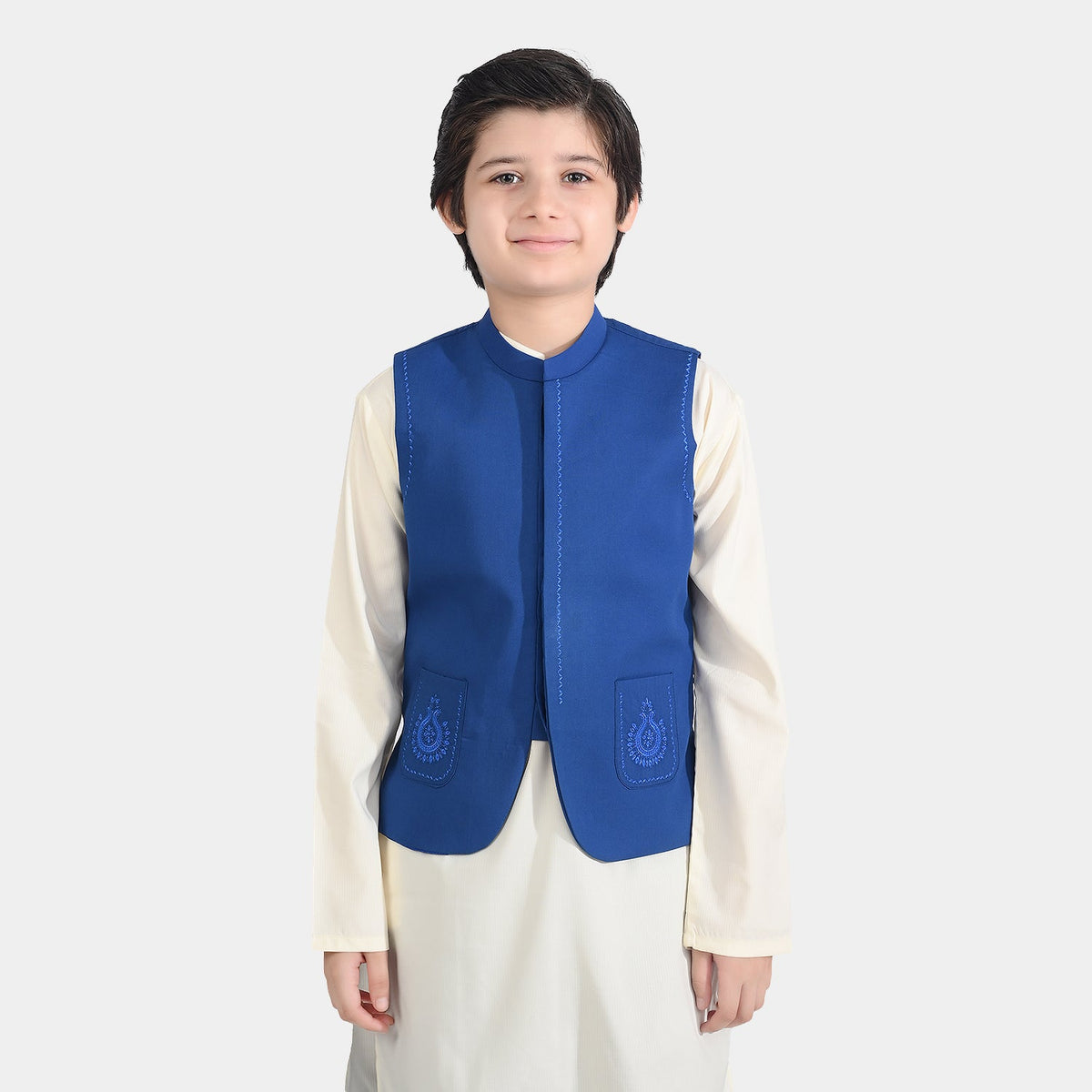 Boys Cotton Poplin Waist Coat (Front Pkt)-Blue