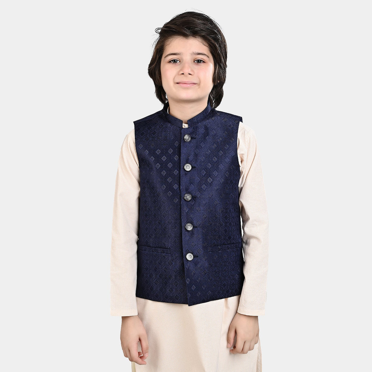 Boys Poly Viscose Waistcoat (Self Textured)-Navy