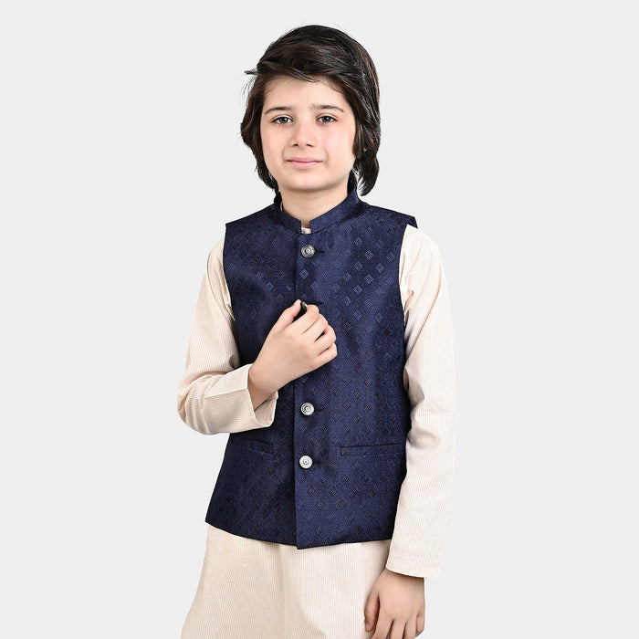 Boys Poly Viscose Waistcoat (Self Textured)-Navy