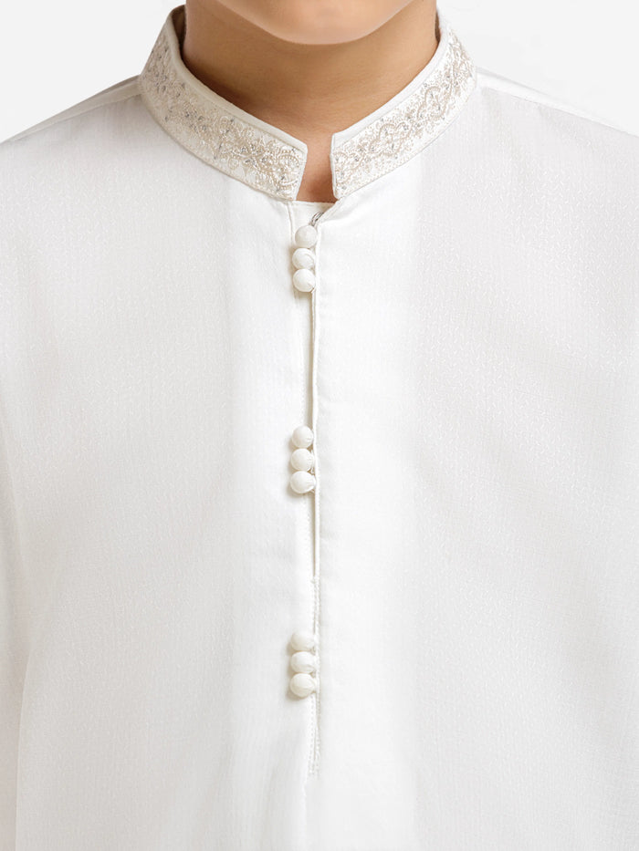 Off White Embroidered Dobby Kurta Pajama