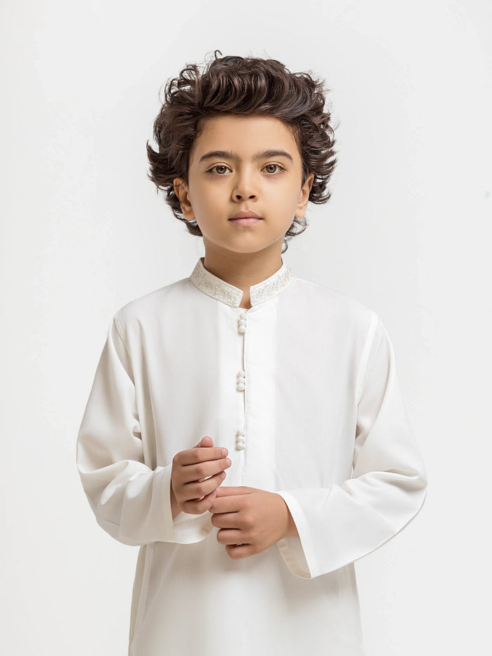 Off White Embroidered Dobby Kurta Pajama