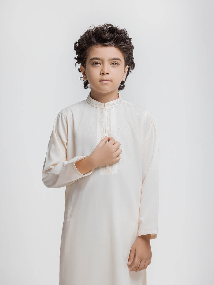 Cream Embroidered Dobby Kurta Pajama
