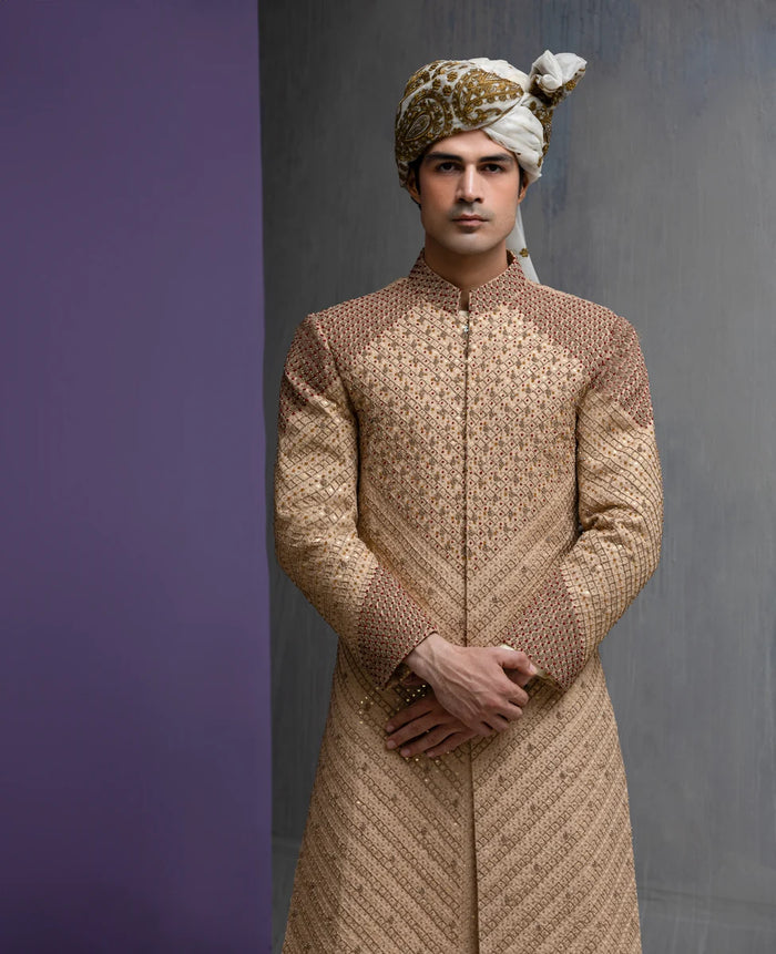 Eman - Gold & Maroon Sherwani Set - Saliqaa'2025