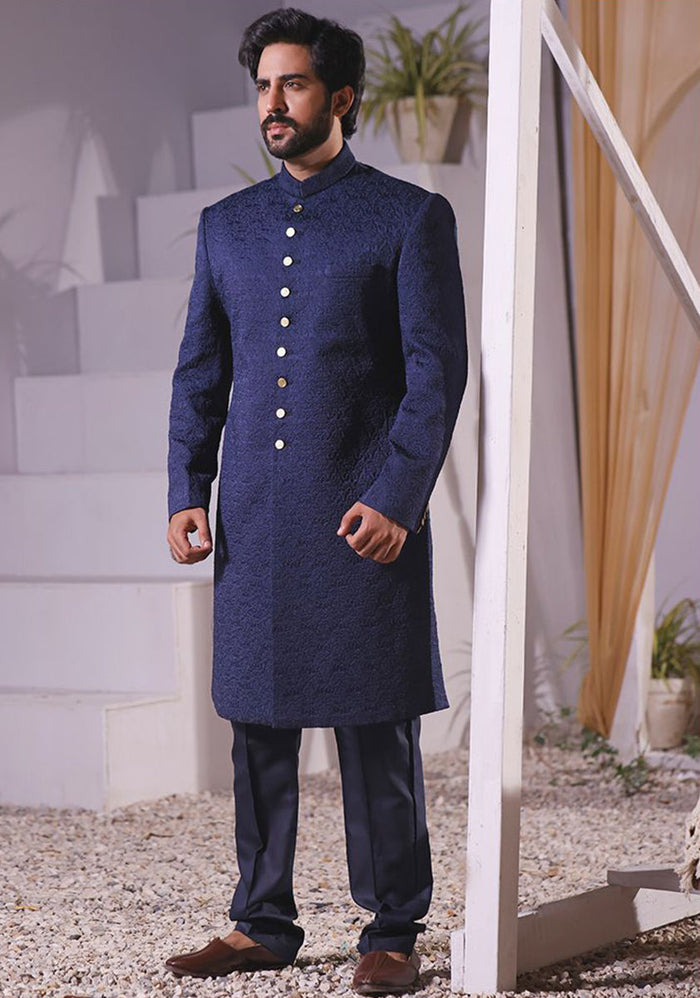 Premium Satin Navy Blazer Embroidered Sherwani