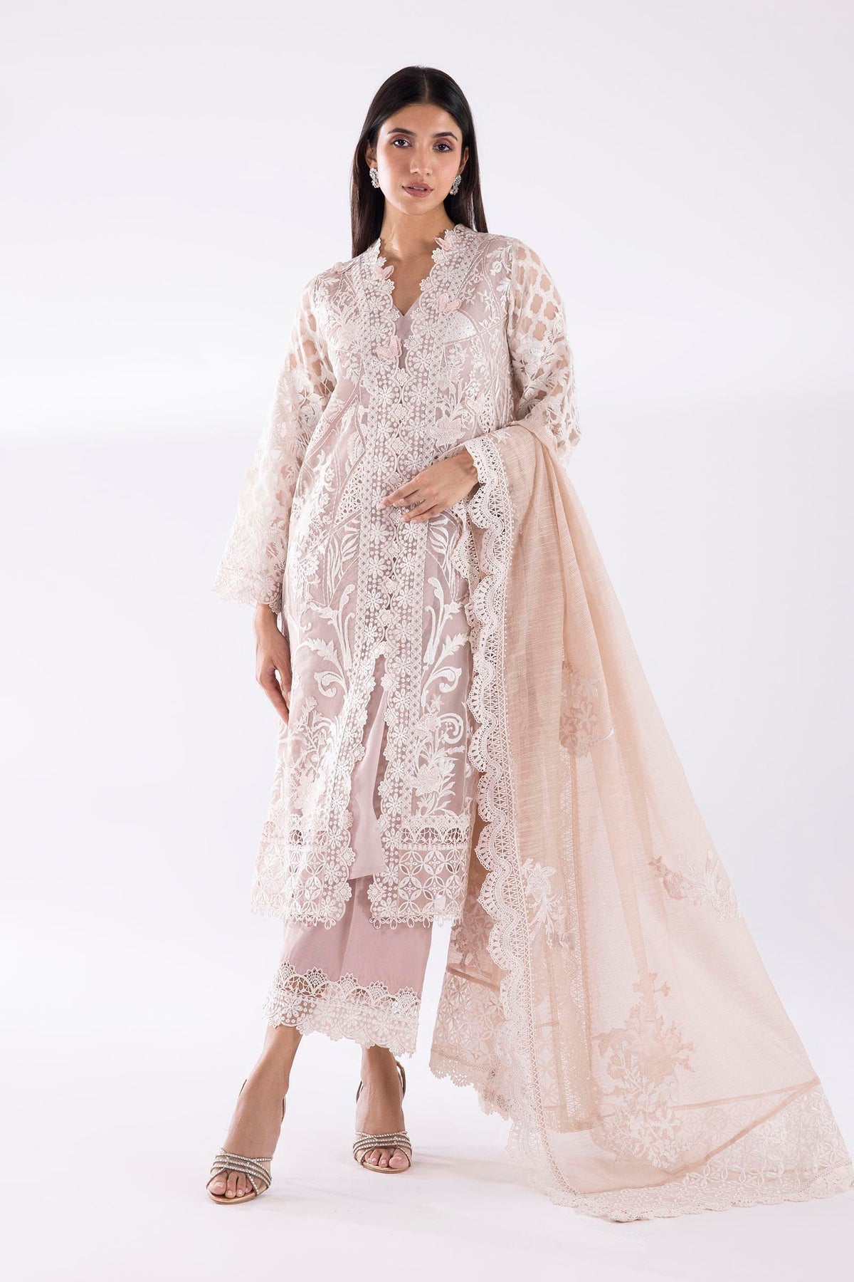 Dusty Pink Embroidered Organza Jacquard Suit