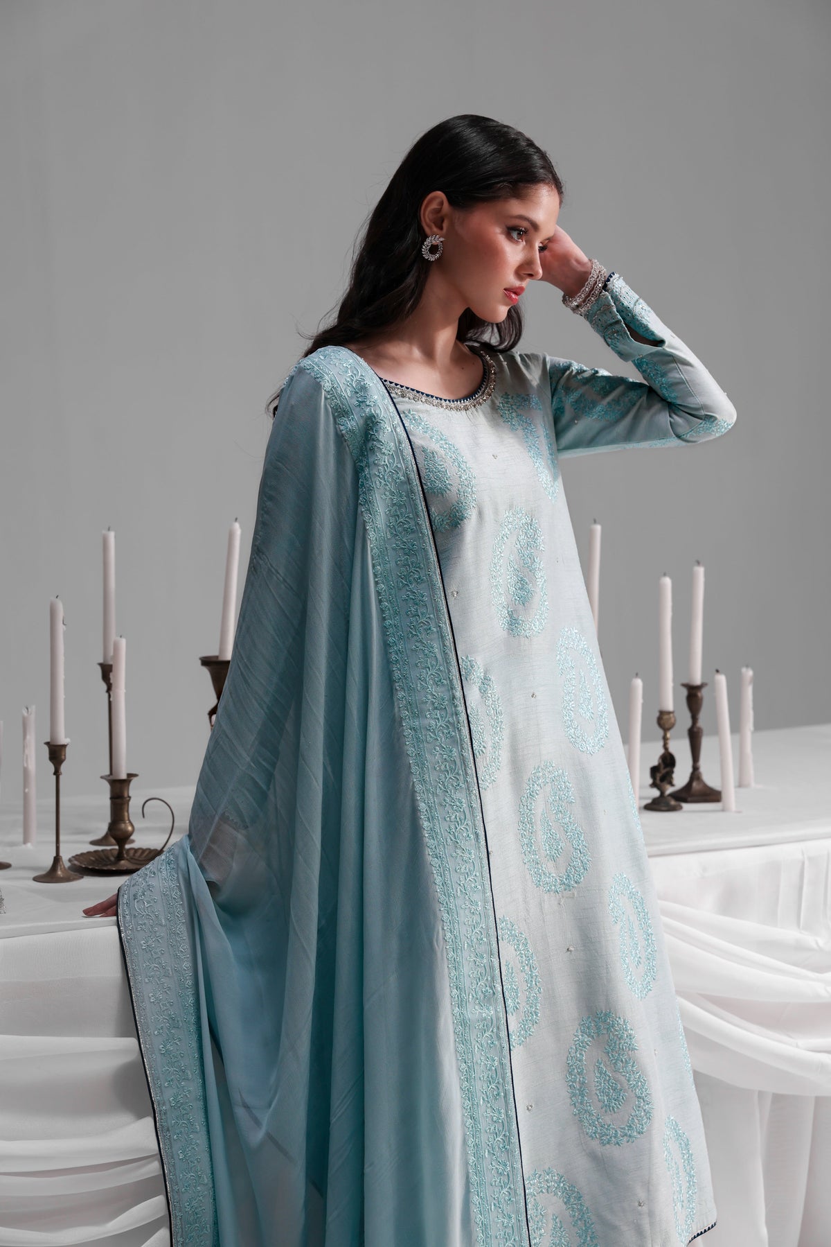 Ice blue embroidered raw silk set