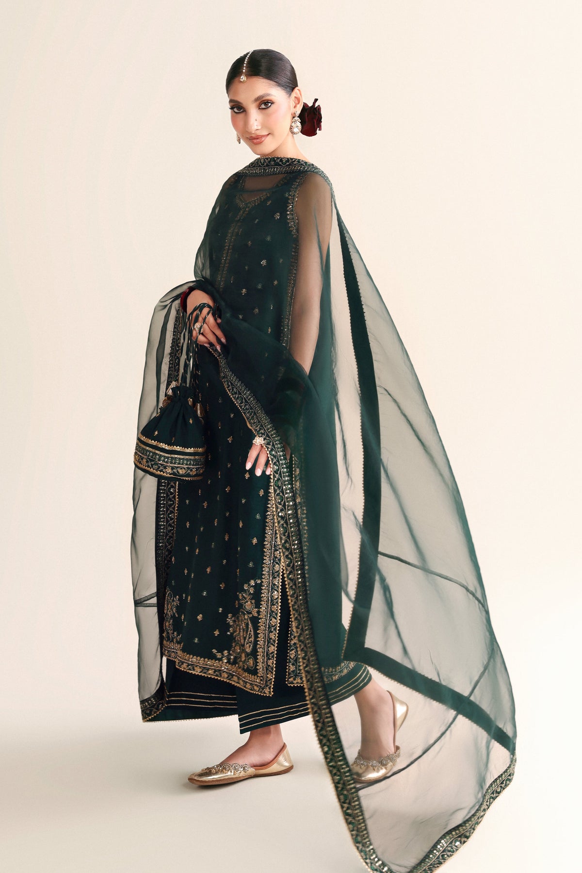 Emerald green handworked raw silk 3-piece