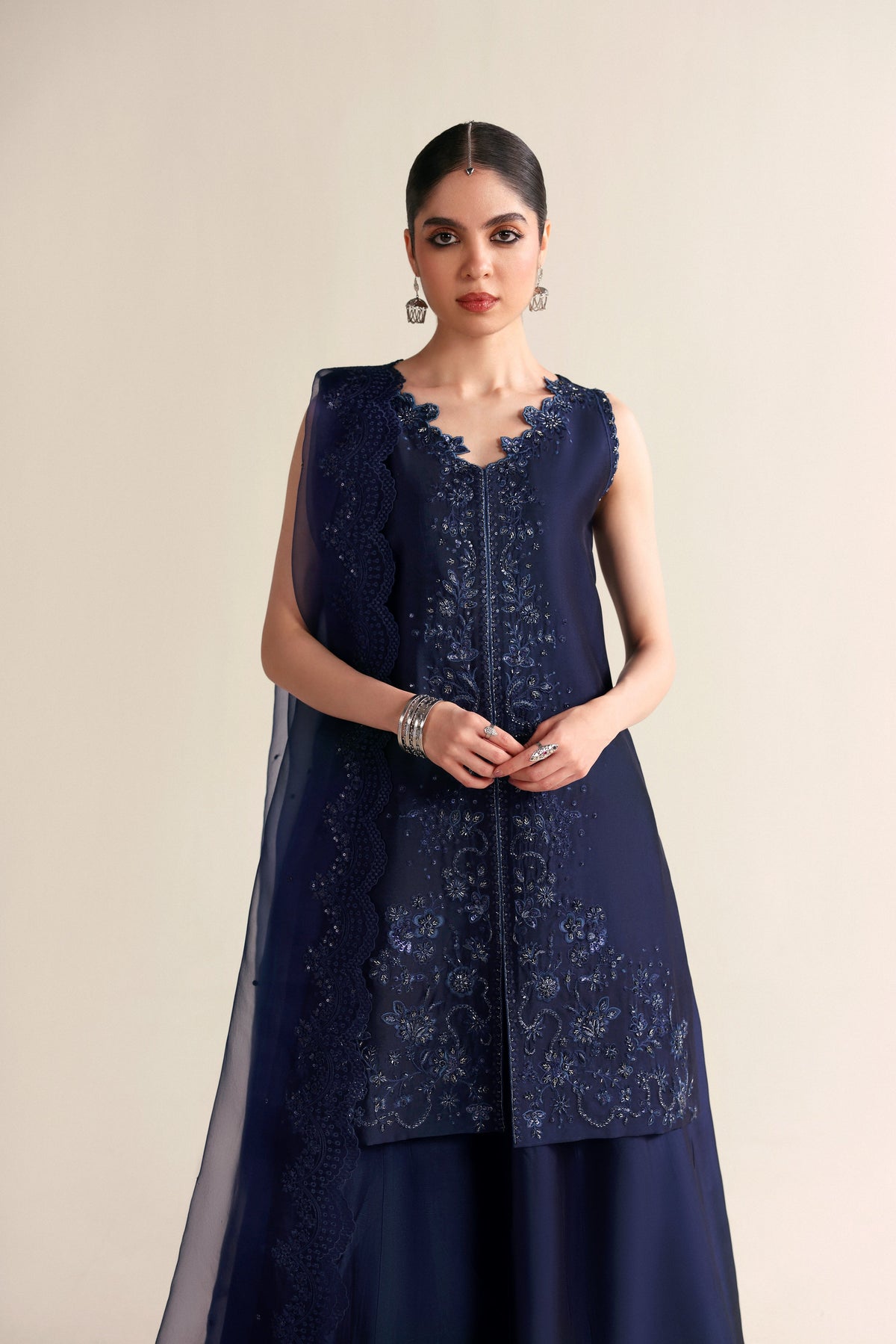 Navy blue raw silk 3-piece
