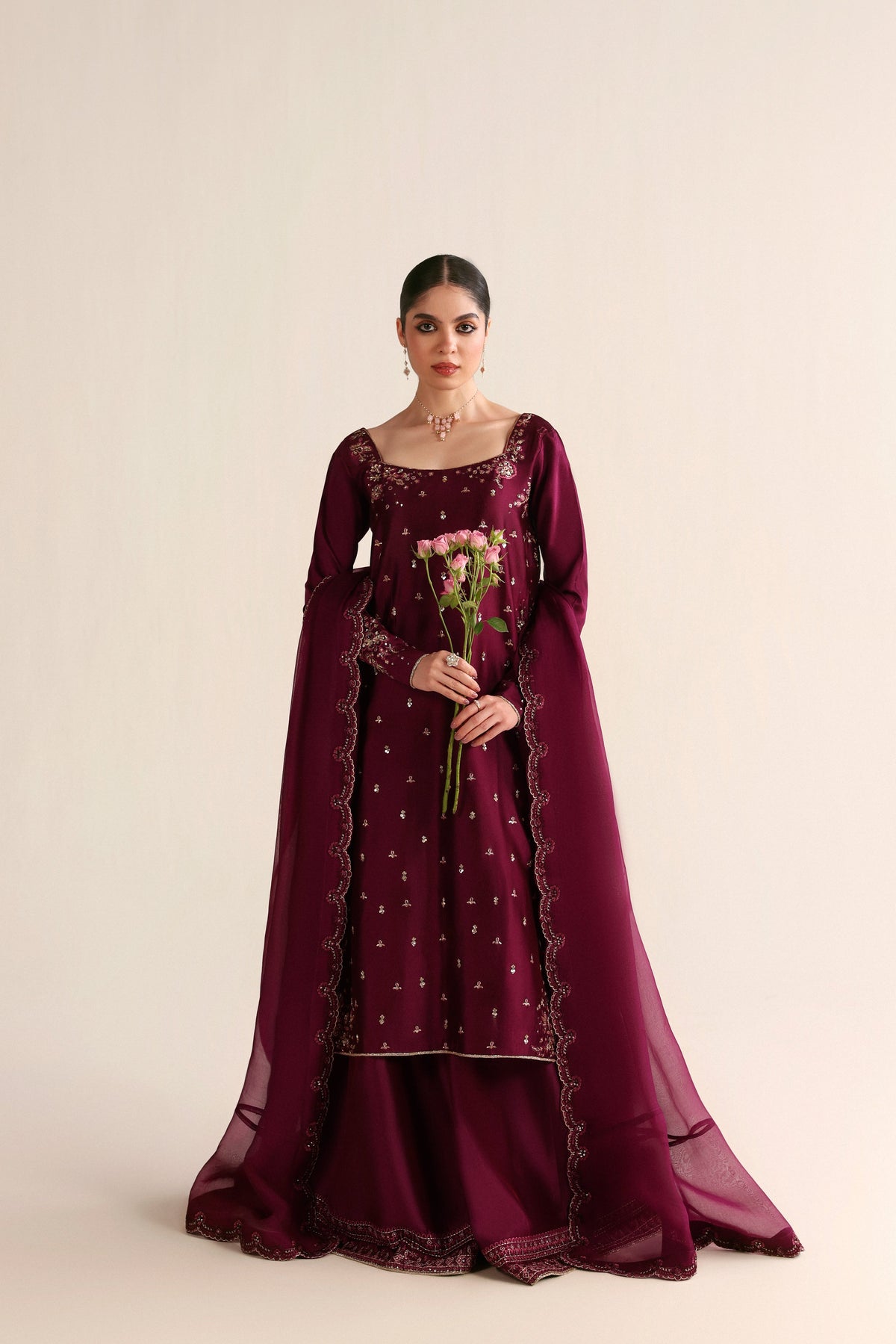 Plum tissue raw silk 3-piece