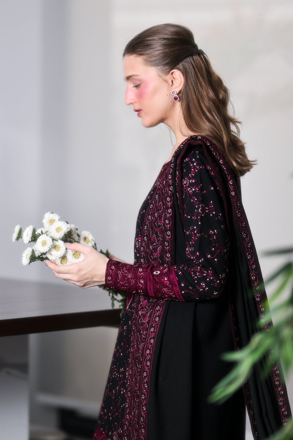 Black and Maroon Embroidered Karandi 3-Piece Suit