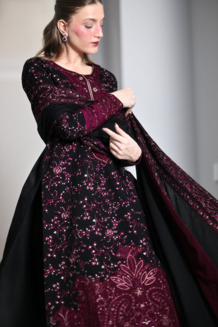 Black & Maroon Embroidered Karandi 3-Piece Suit