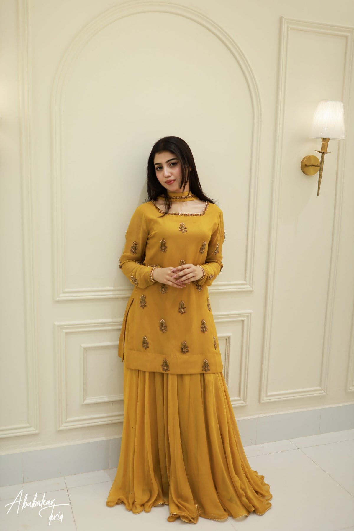 Mustard Hand Embellished Kurta Sharara Set With Dupatta