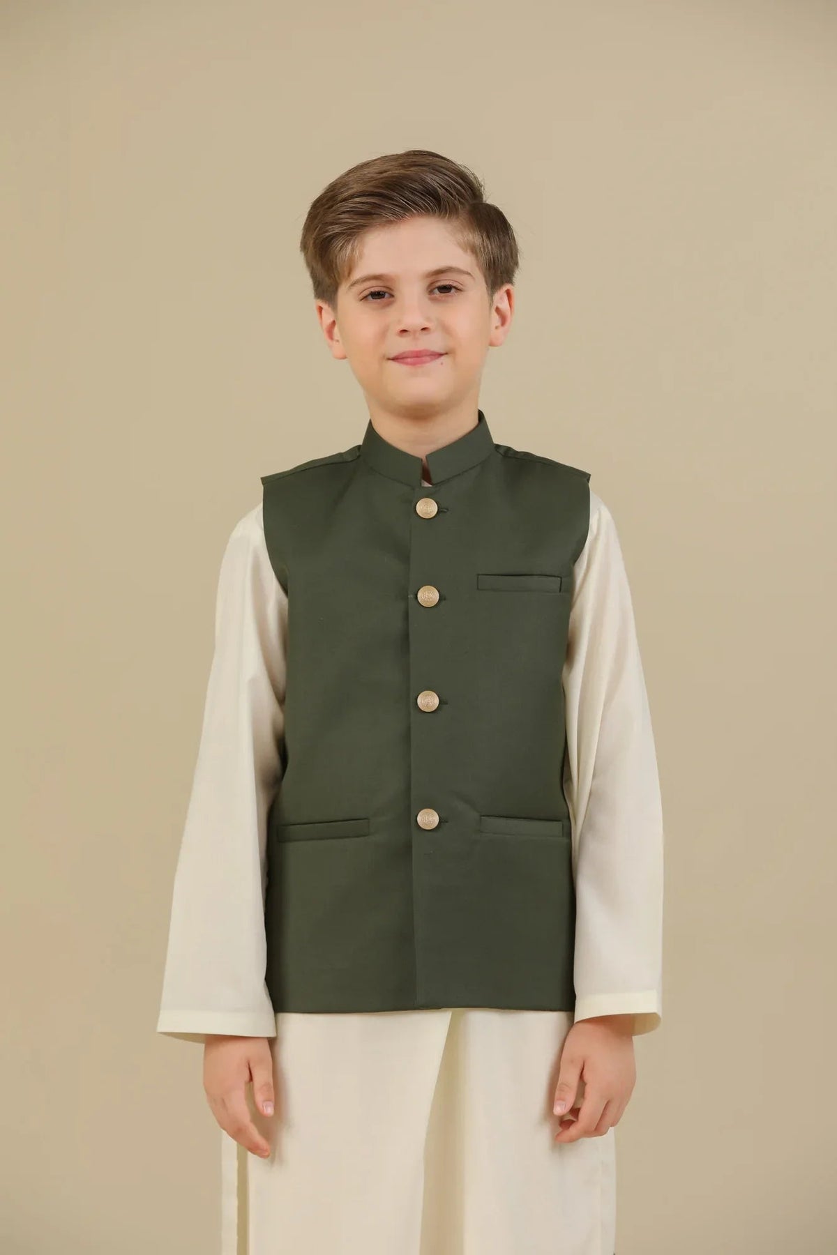 Army Green Suiting Waistcoat - Straight Cut Buttoned - Kids