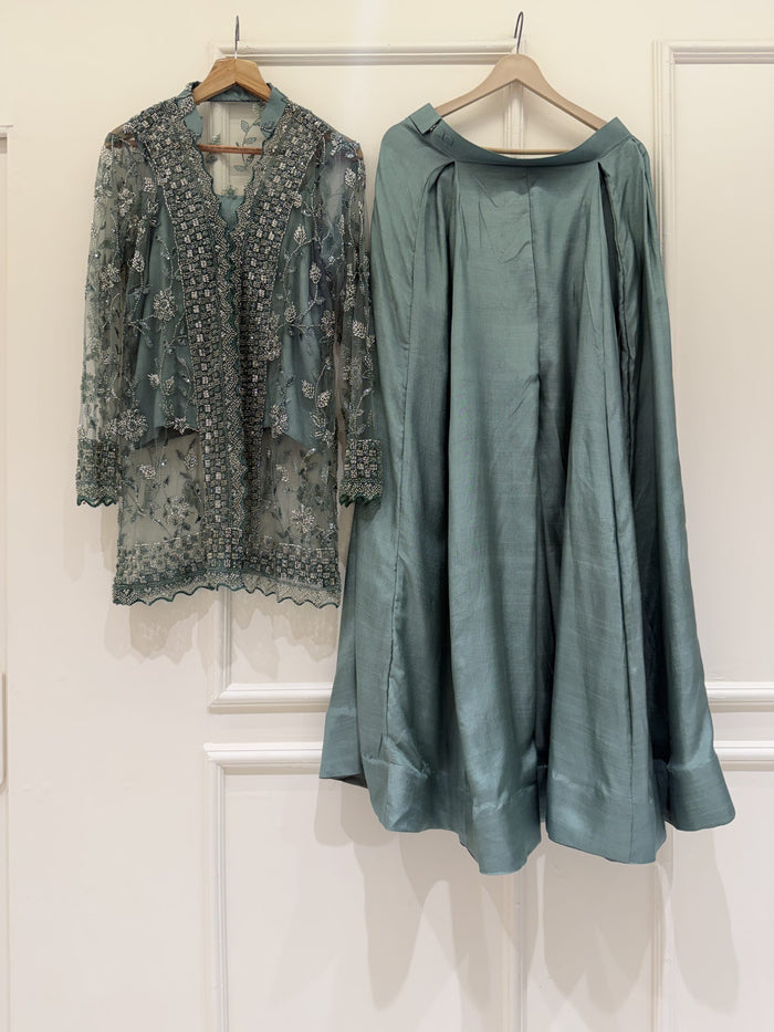 Green Cut Dana Embellished Top With Sharara And Dupatta