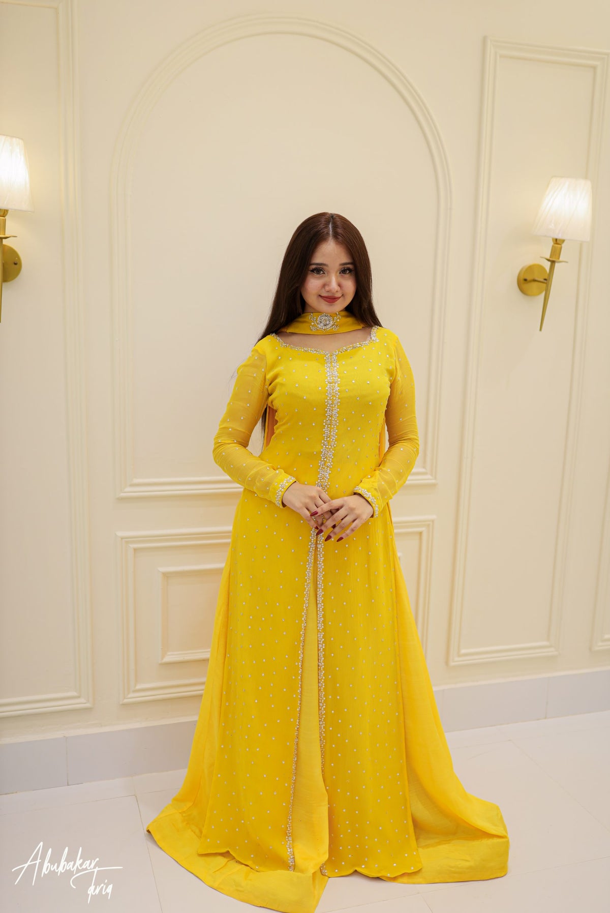 Yellow Hand Embellished Long Kurta Sharara Set With Dupatta