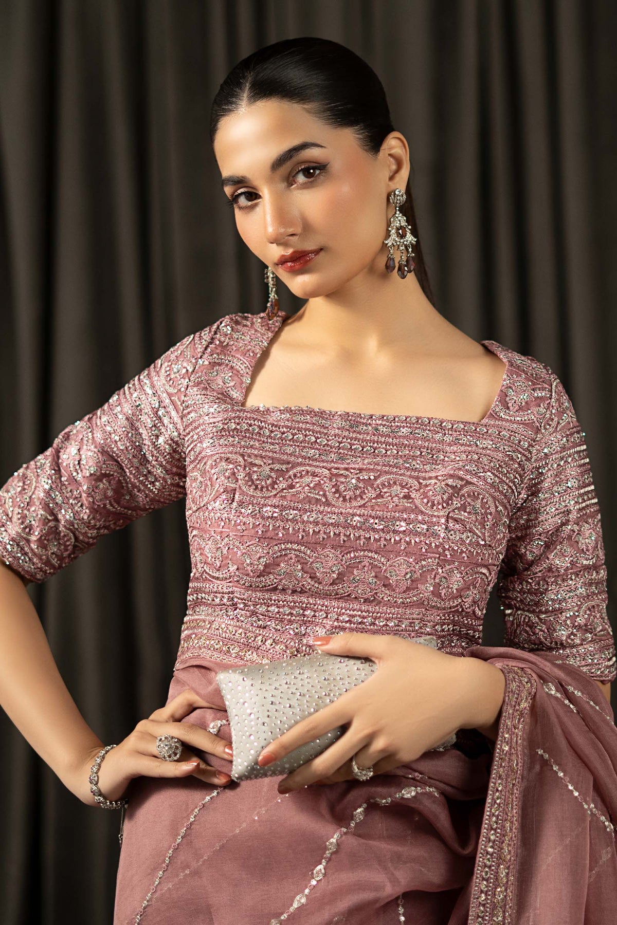 Embroidered Organza Saree - Pink