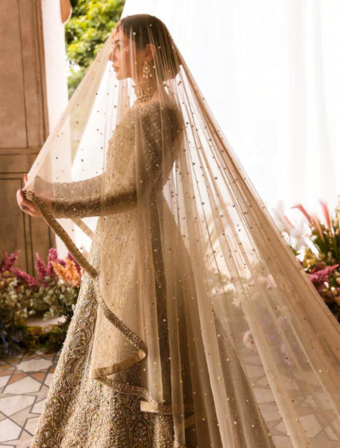 Ethereal Pearl Nikkah Veil Beige Gold