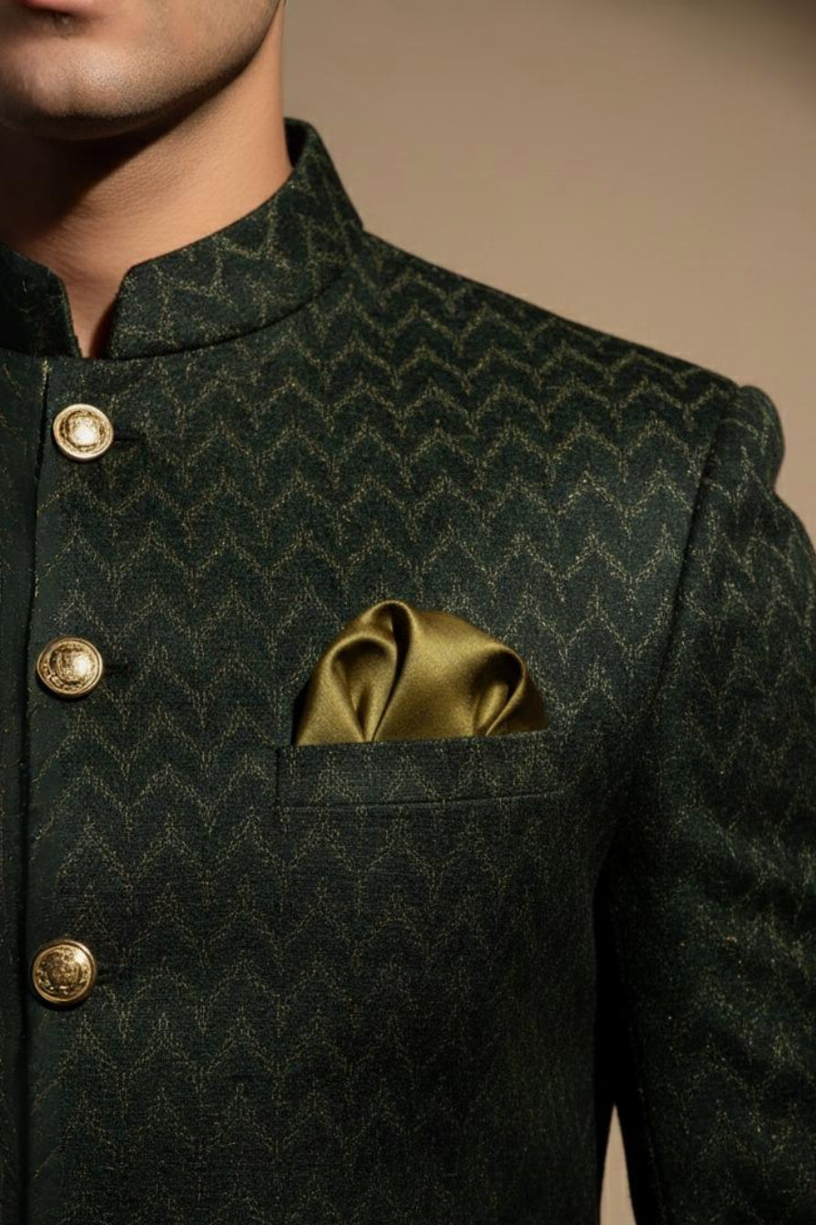 Olive Green Velvet Sherwani with Kurta Pajama