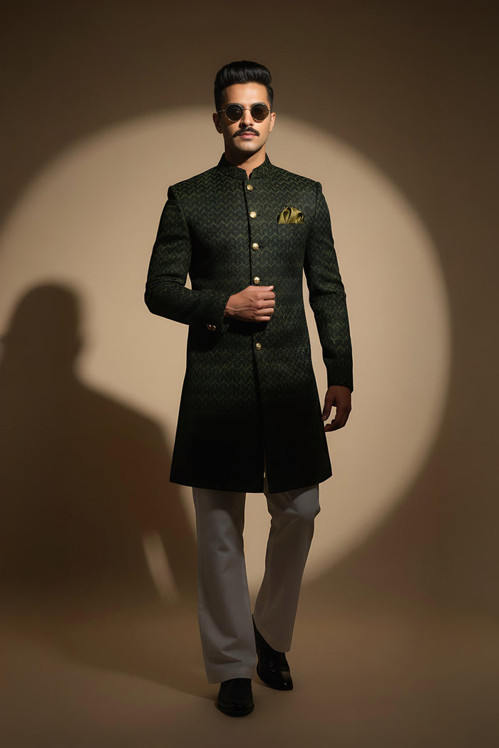 Olive Green Velvet Sherwani with Kurta Pajama