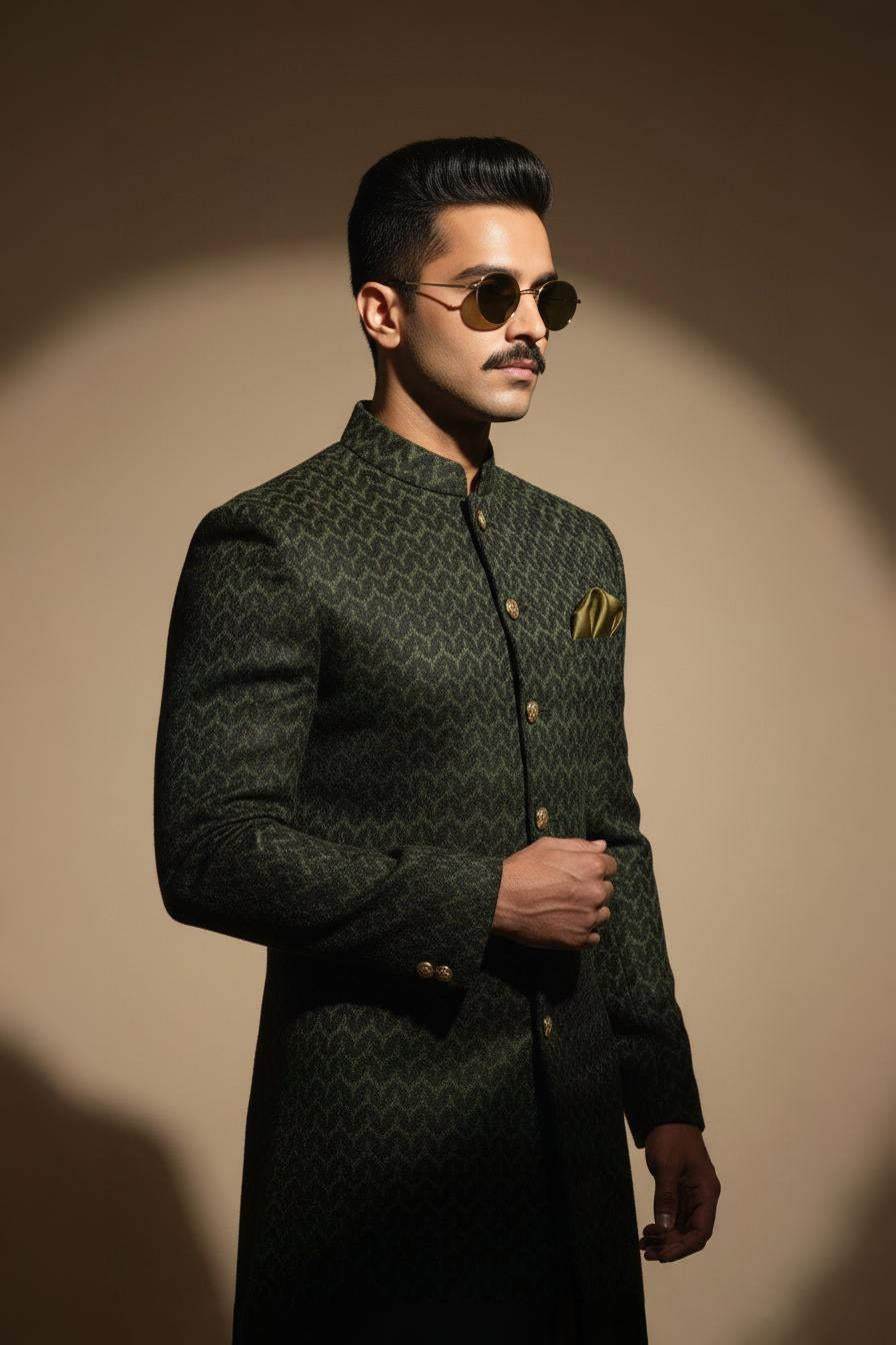 Olive Green Velvet Sherwani with Kurta Pajama