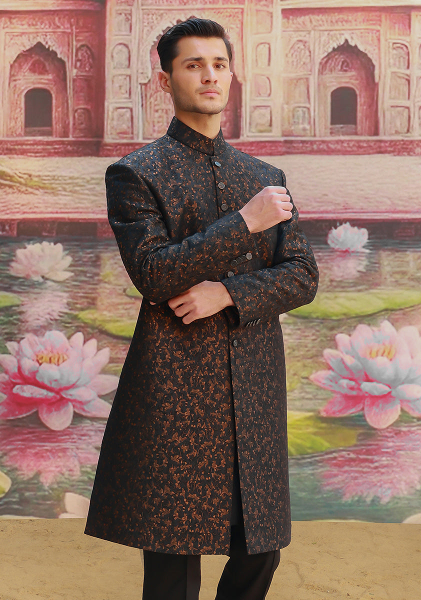 Premium Zari Karandi Jamawar Copper Black Couture Sherwani