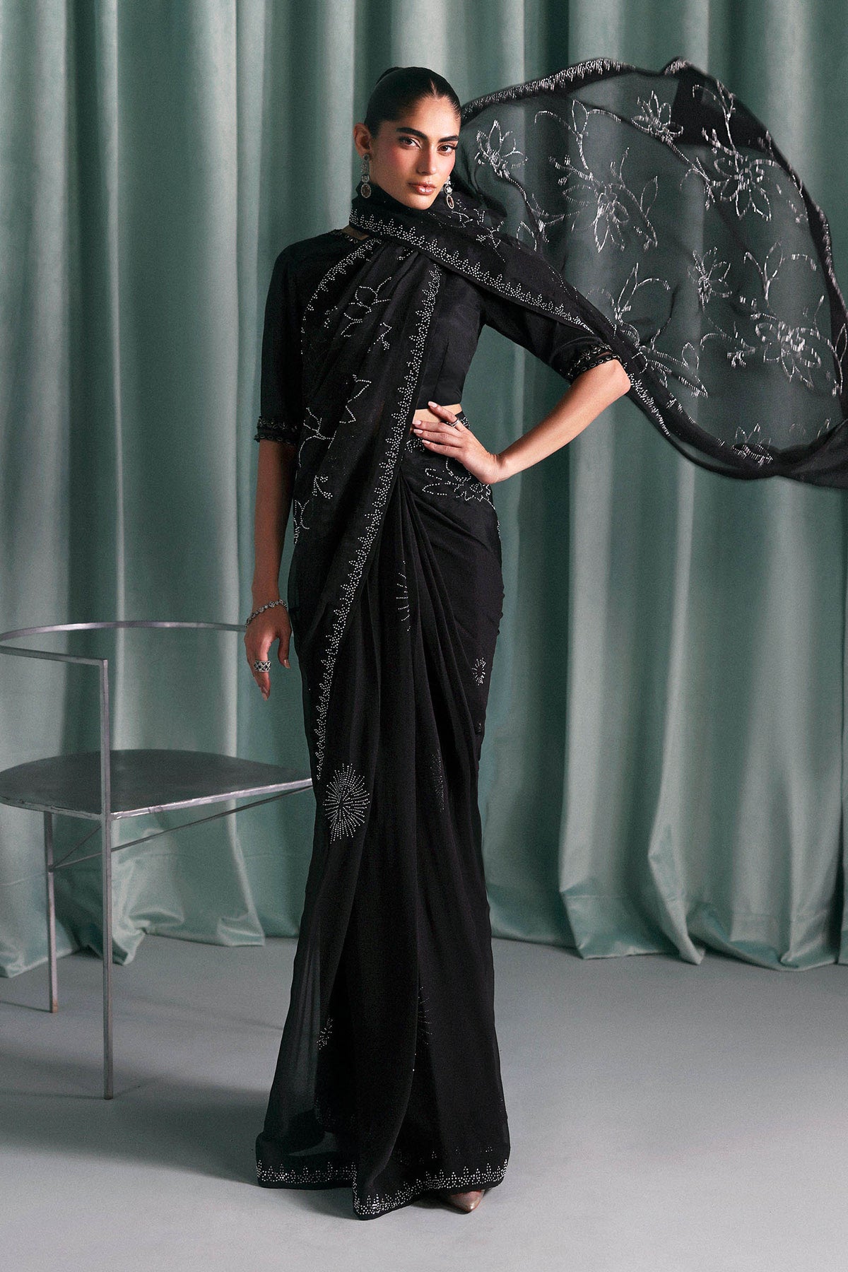 Embellished Chiffon Saree - Black