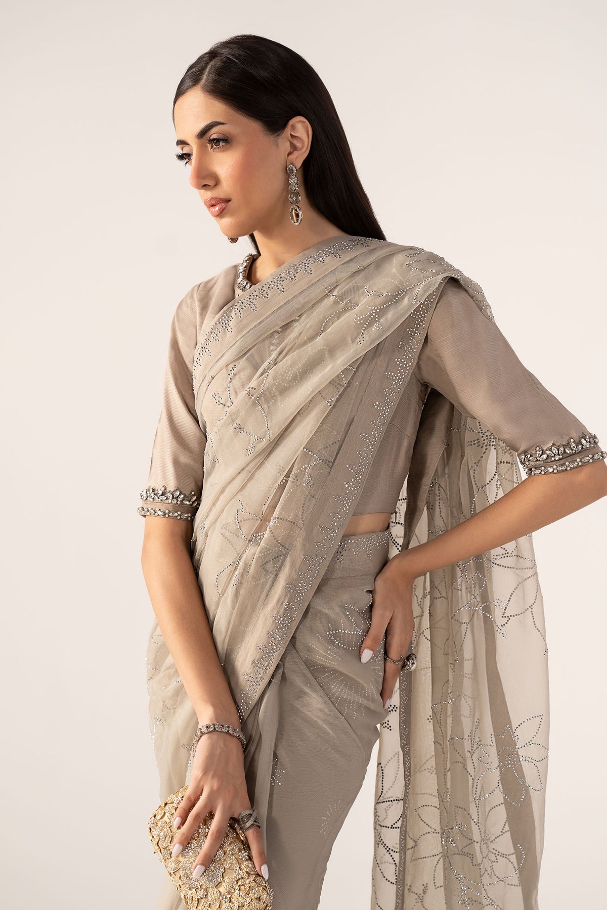Embellished Chiffon Saree - Grey