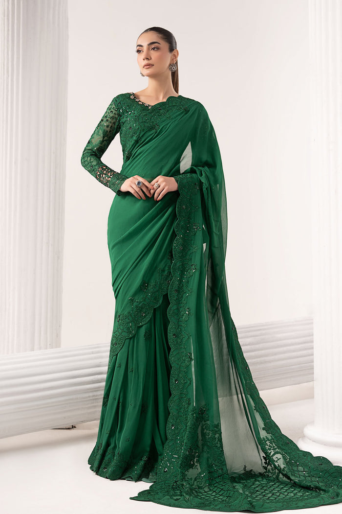 Embroidered Chiffon Saree - Green