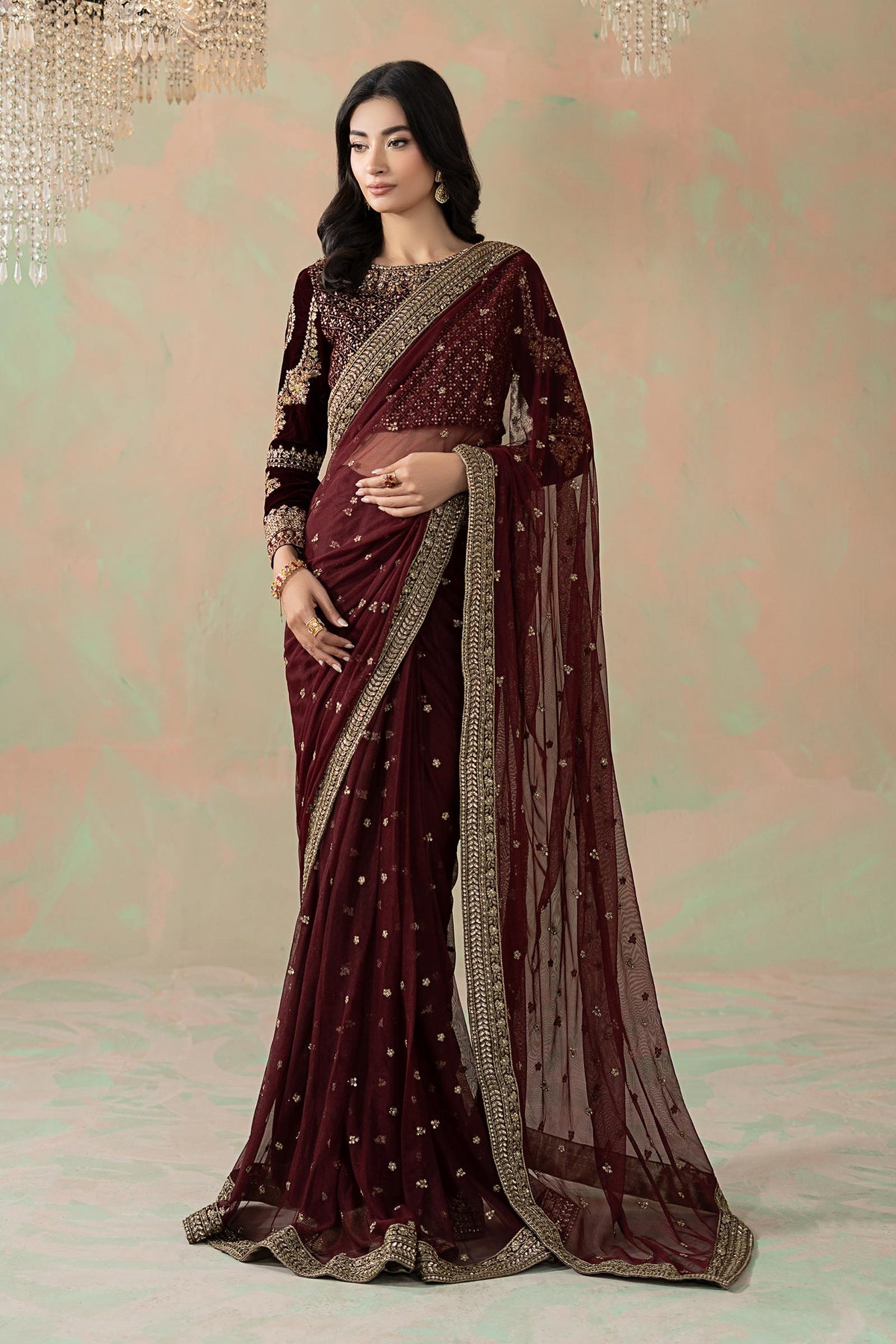 Embroidered Net Saree - Maroon