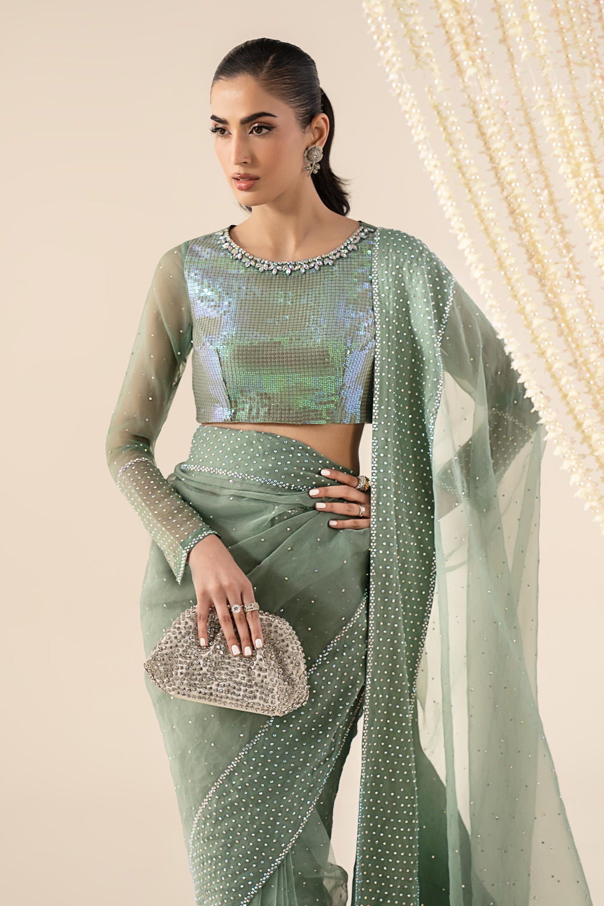 Embellished Organza Saree - Green