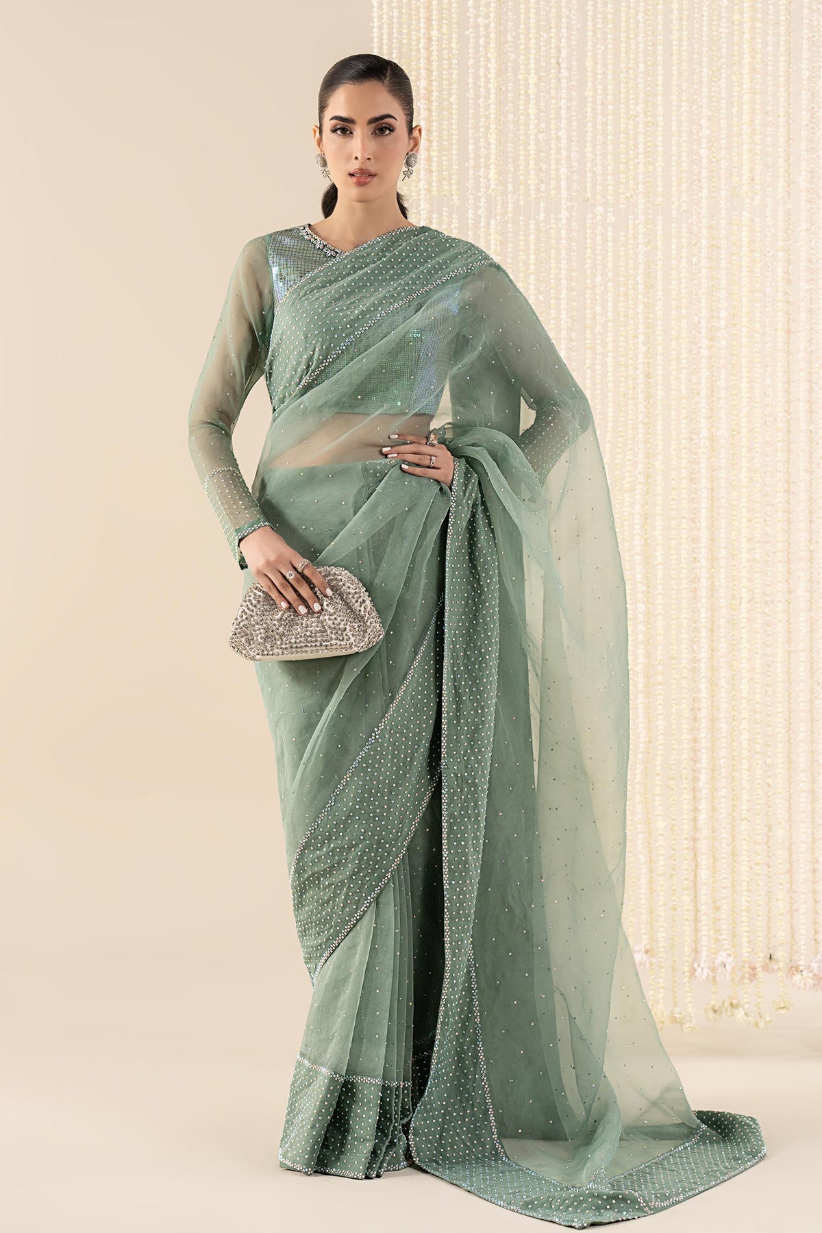 Embellished Organza Saree - Green