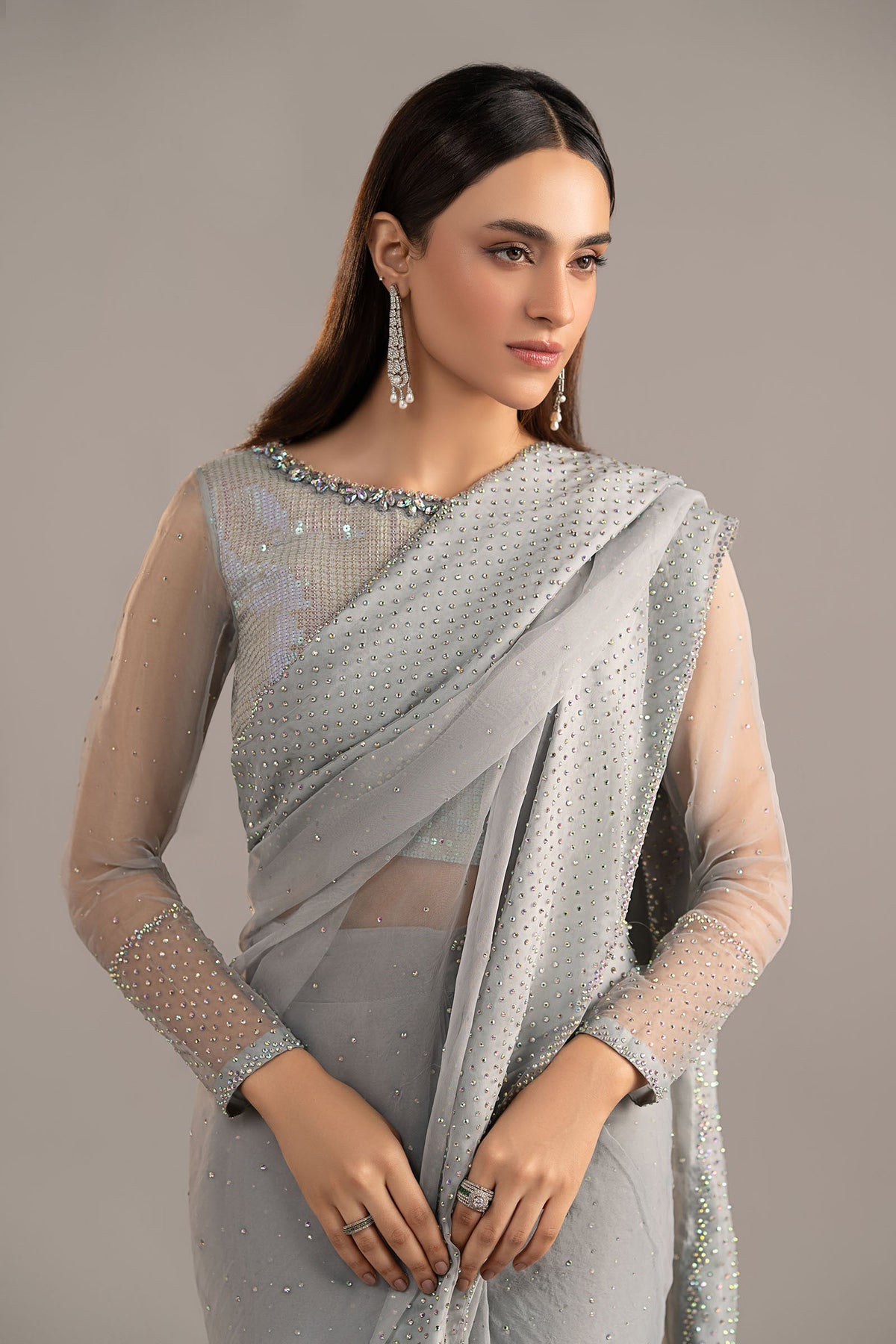 Embellished Organza Saree - Ice Blue