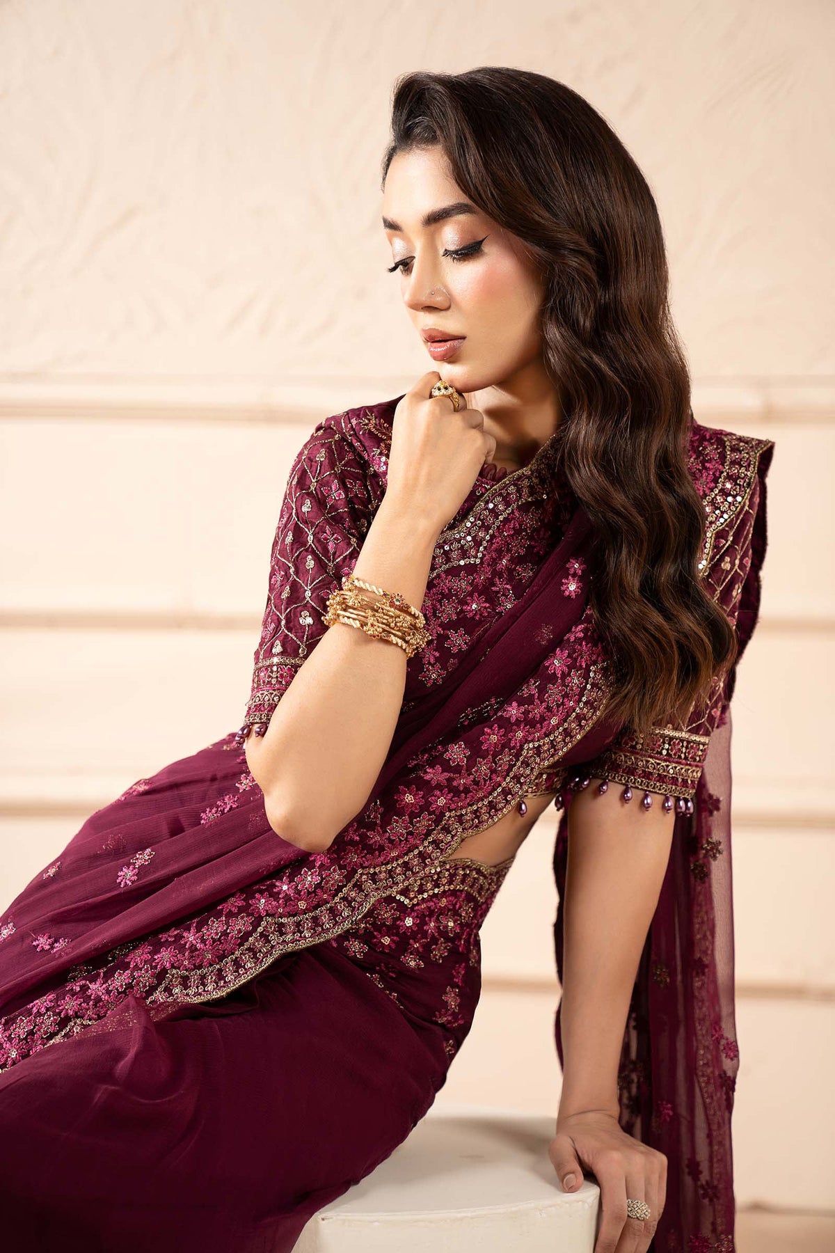 Embroidered Chiffon Saree - Plum