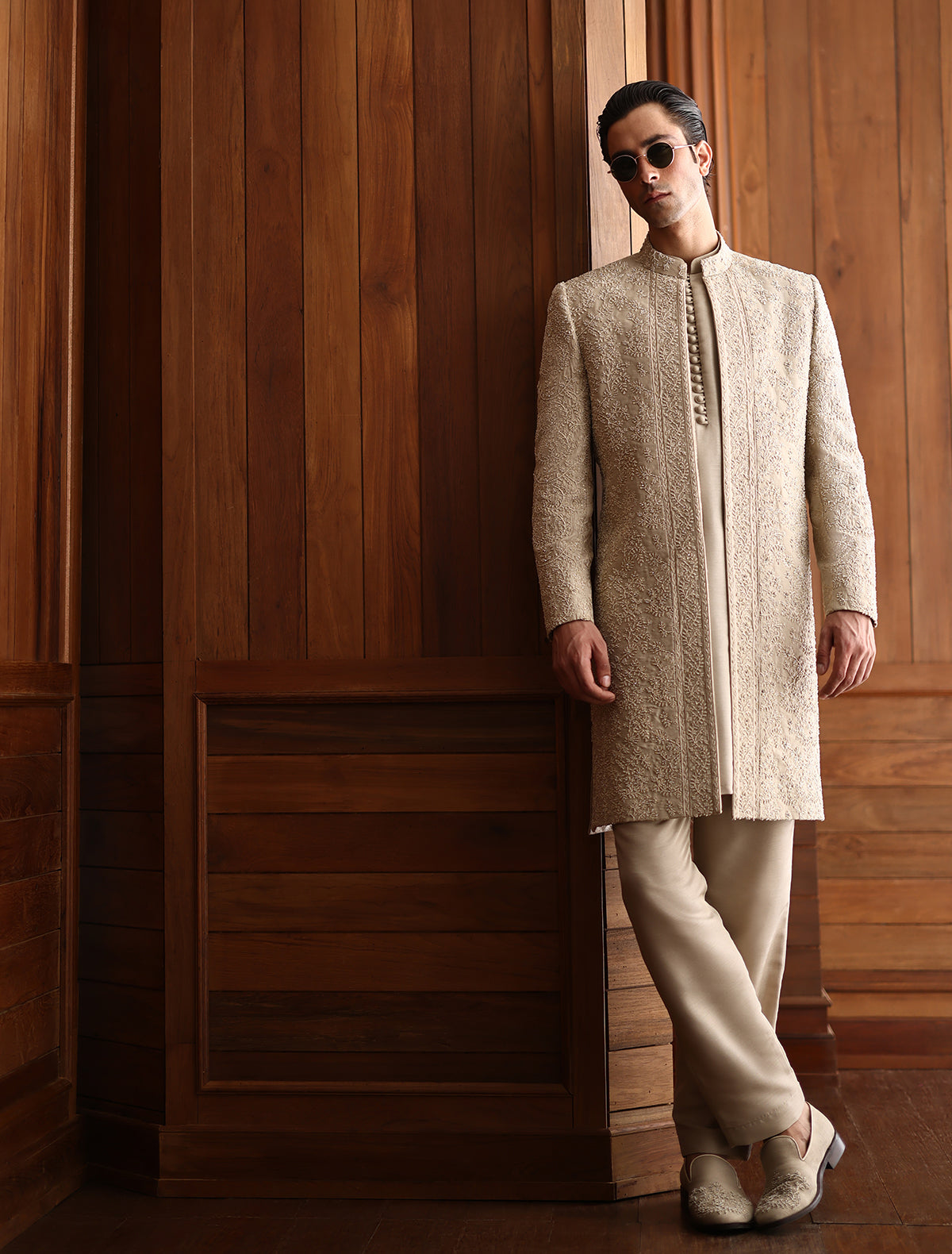 Fawn Short Length Hand Embroidered Sherwani