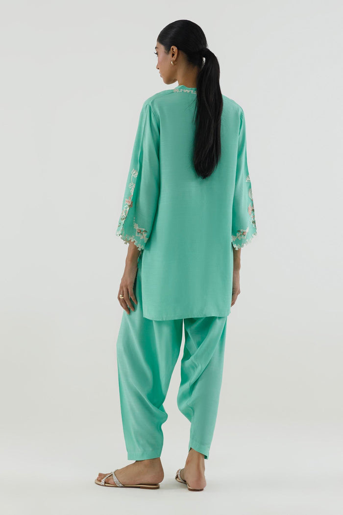 Green Embroidered Raw Silk Shirt + Shalwar