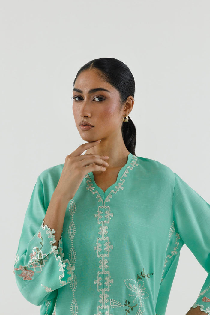 Green Embroidered Raw Silk Shirt + Shalwar