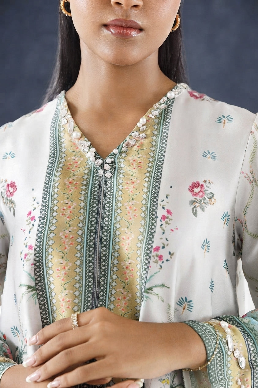 Fawn Printed Satin Shirt + Dupatta