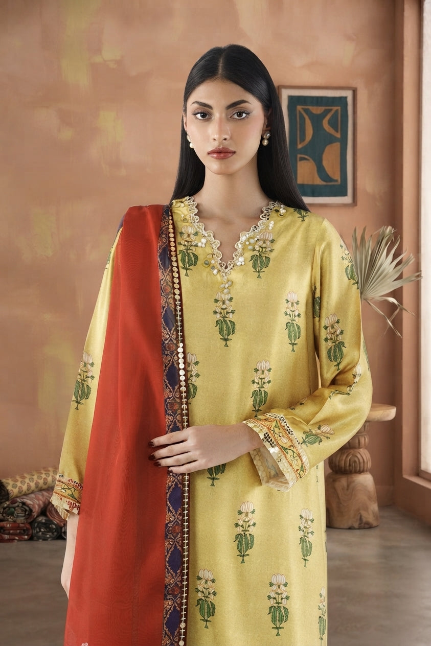 Mustard Printed Satin Suit
