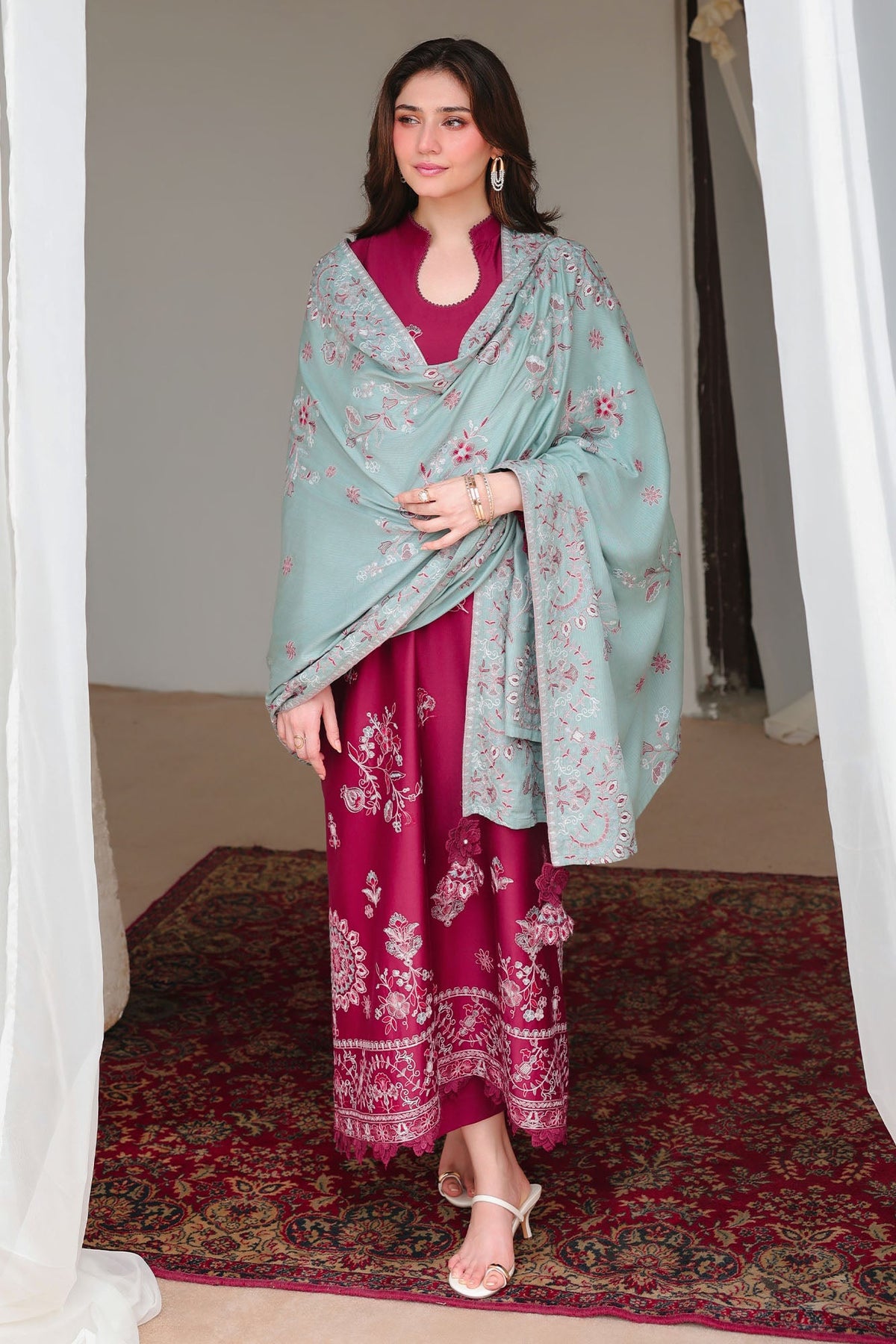 Vermillion Wood 3 Piece Satin Embroidered Suit
