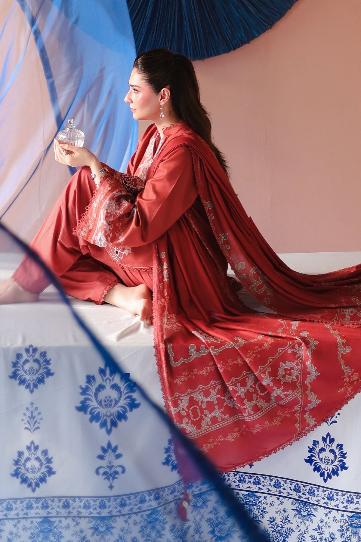 Russet Ember 3 Piece Satin Printed Suit