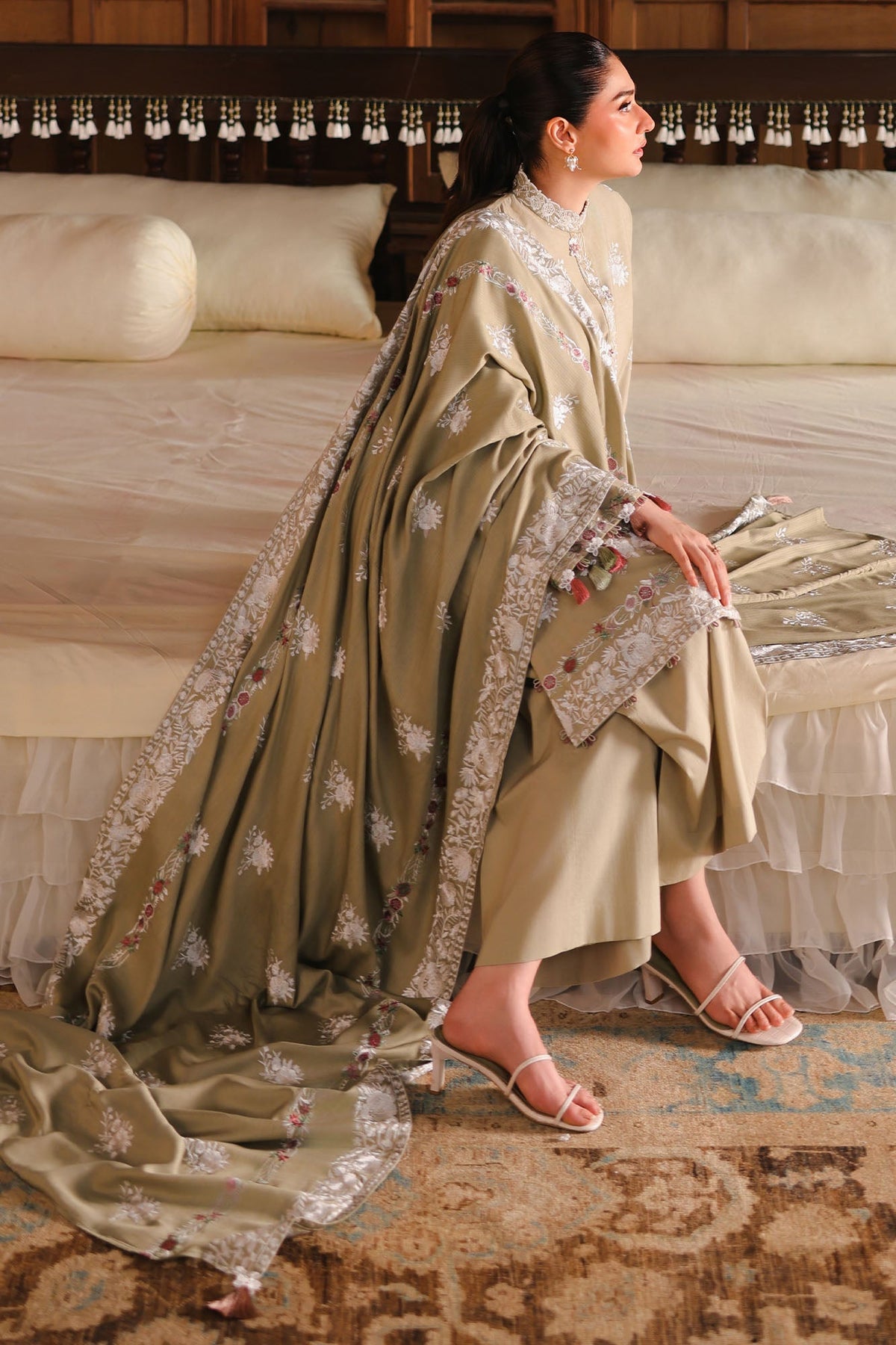 Muted Sage 3 Piece Satin Embroidered Suit