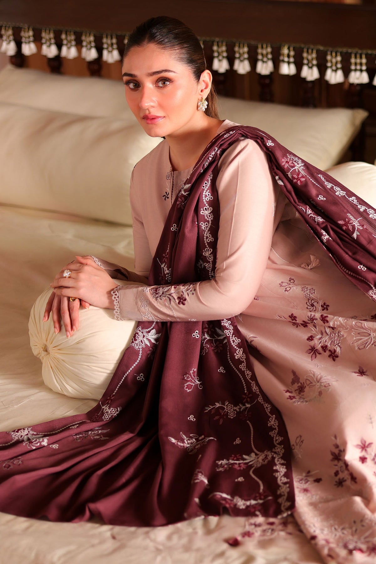 Sand Whisper 3 Piece Satin Embroidered Suit