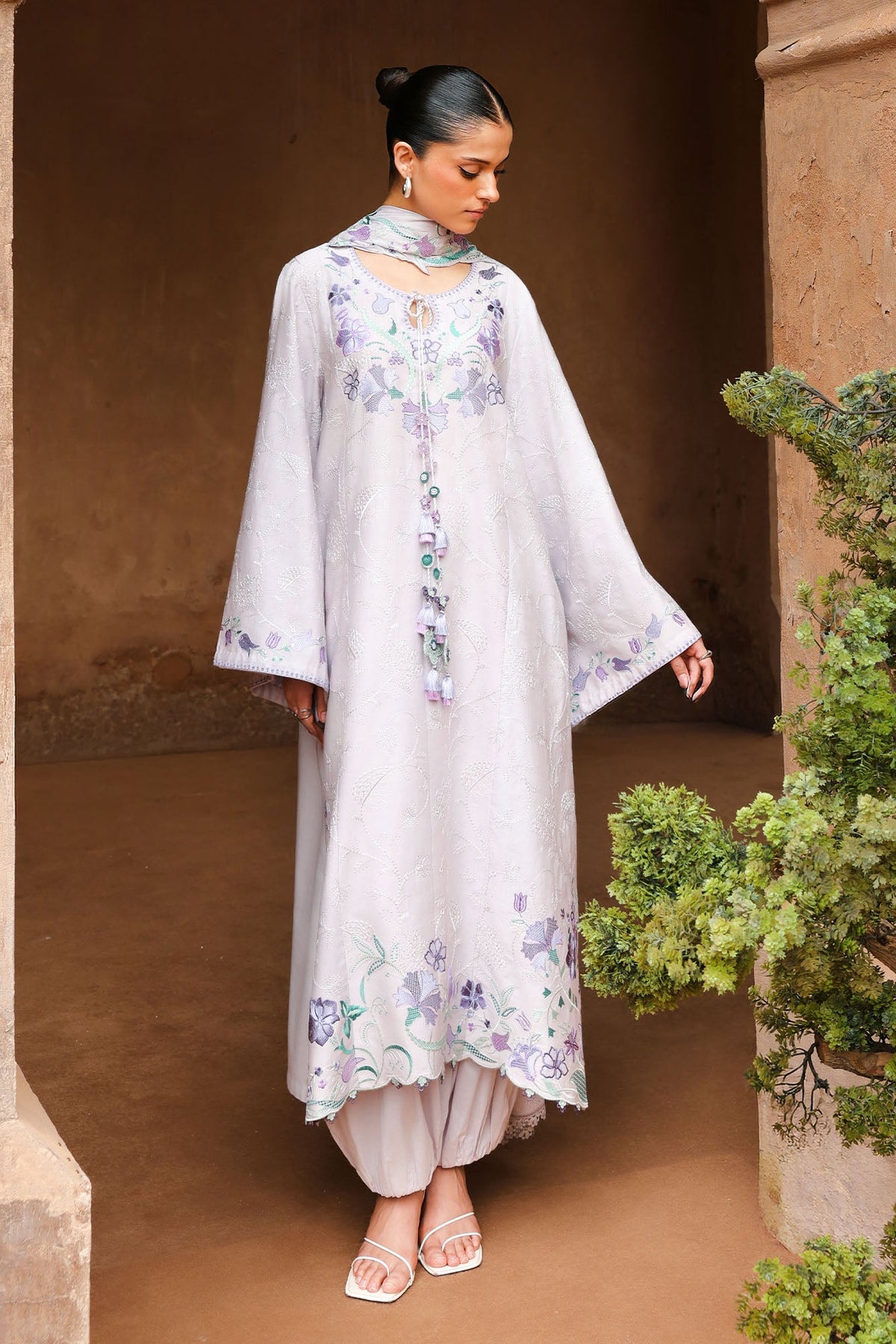 Mauve Tint 3 Piece Satin Embroidered Suit